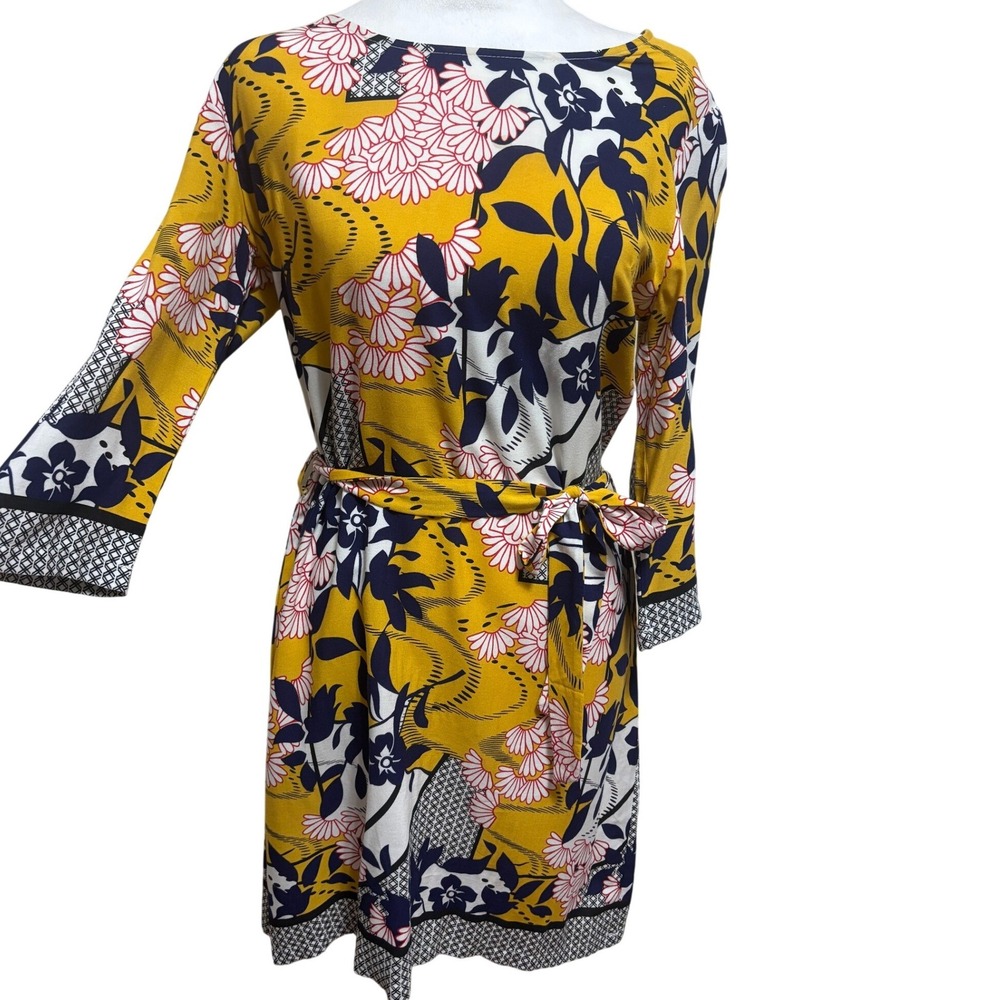 Molly Bracken Dress Yellow Navy Floral Oriental Print 3/4 Sleeve Work Party XS